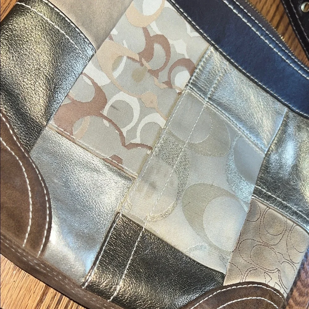 Coach signature Patchwork Crossbody Bag in, Gold, and Brown Leather and suede